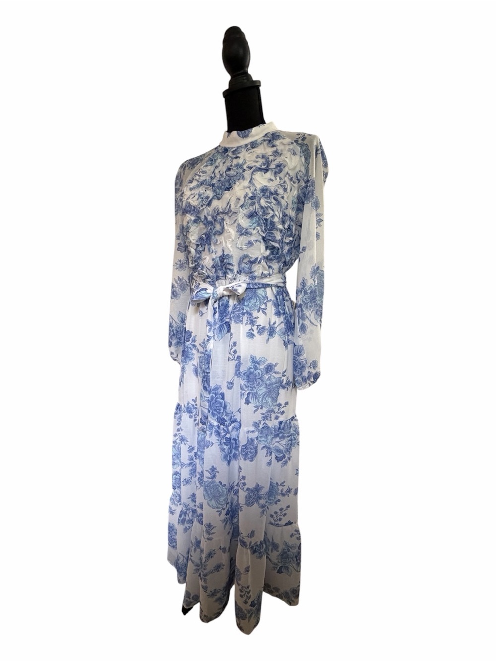 Blue & White Floral Maxi Dress with Tie Waist